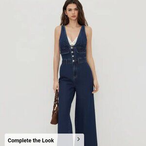 Cider Denim V-neck Button Pocket Wide Leg Jumpsuit